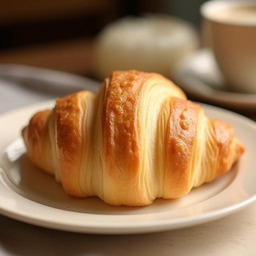 A golden-brown butter croissant on a plate.